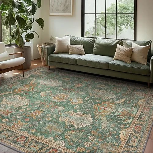 Bavni Vintage Medallion Rugs — Dark Sage Gold