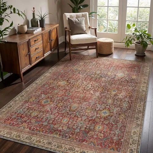 Bavni Vintage Floral Rugs — Burgundy Red